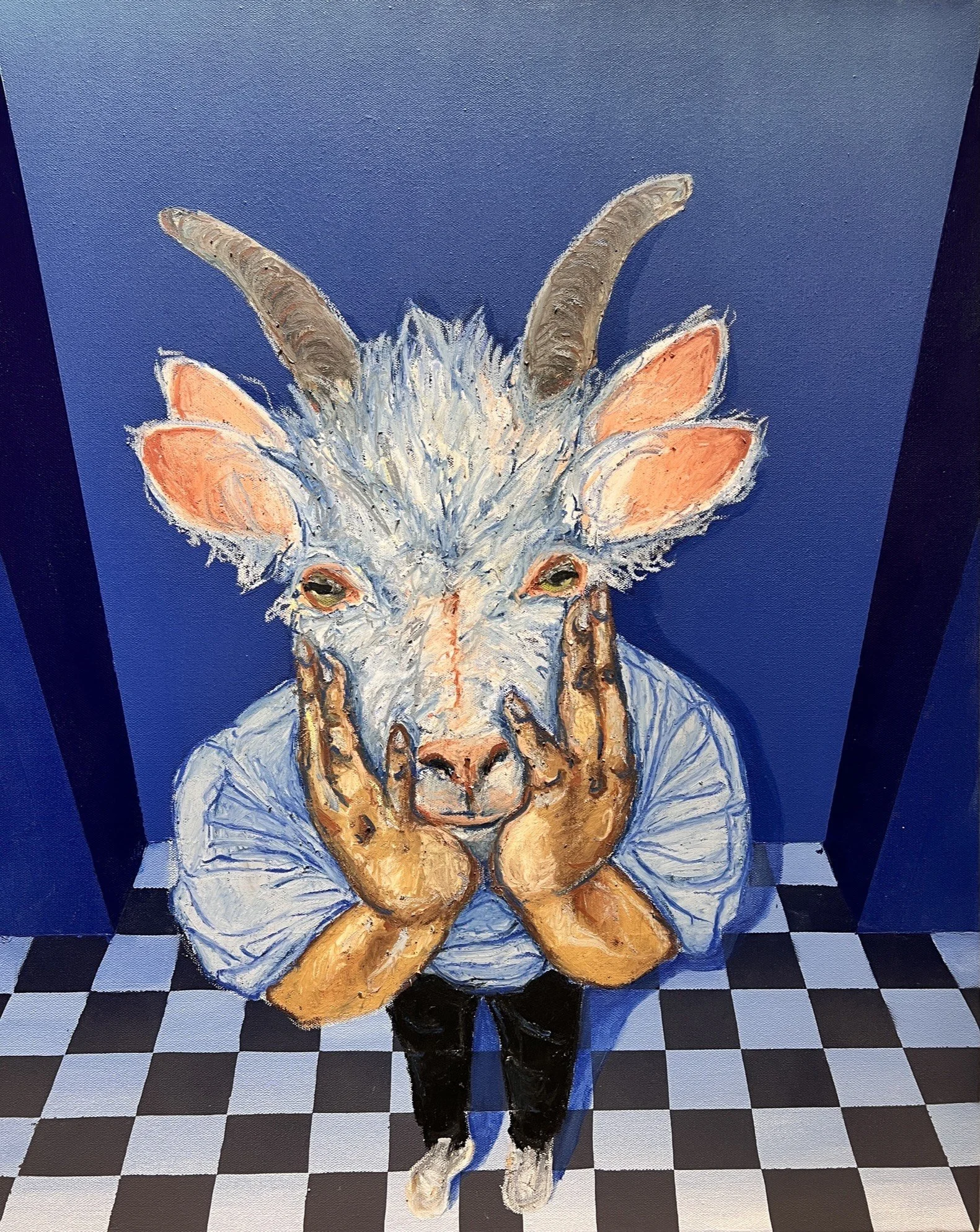 “The GOAT” 2023, Acrylic paint, oil pastel, and spray paint on canvas, 24”x30” $300