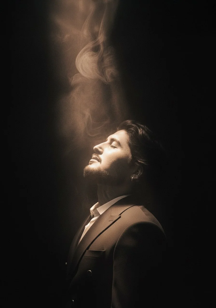 A man with dark hair, beard, and earrings in a suit, eyes closed, exhaling smoke or vapor in a dark setting with focused lighting