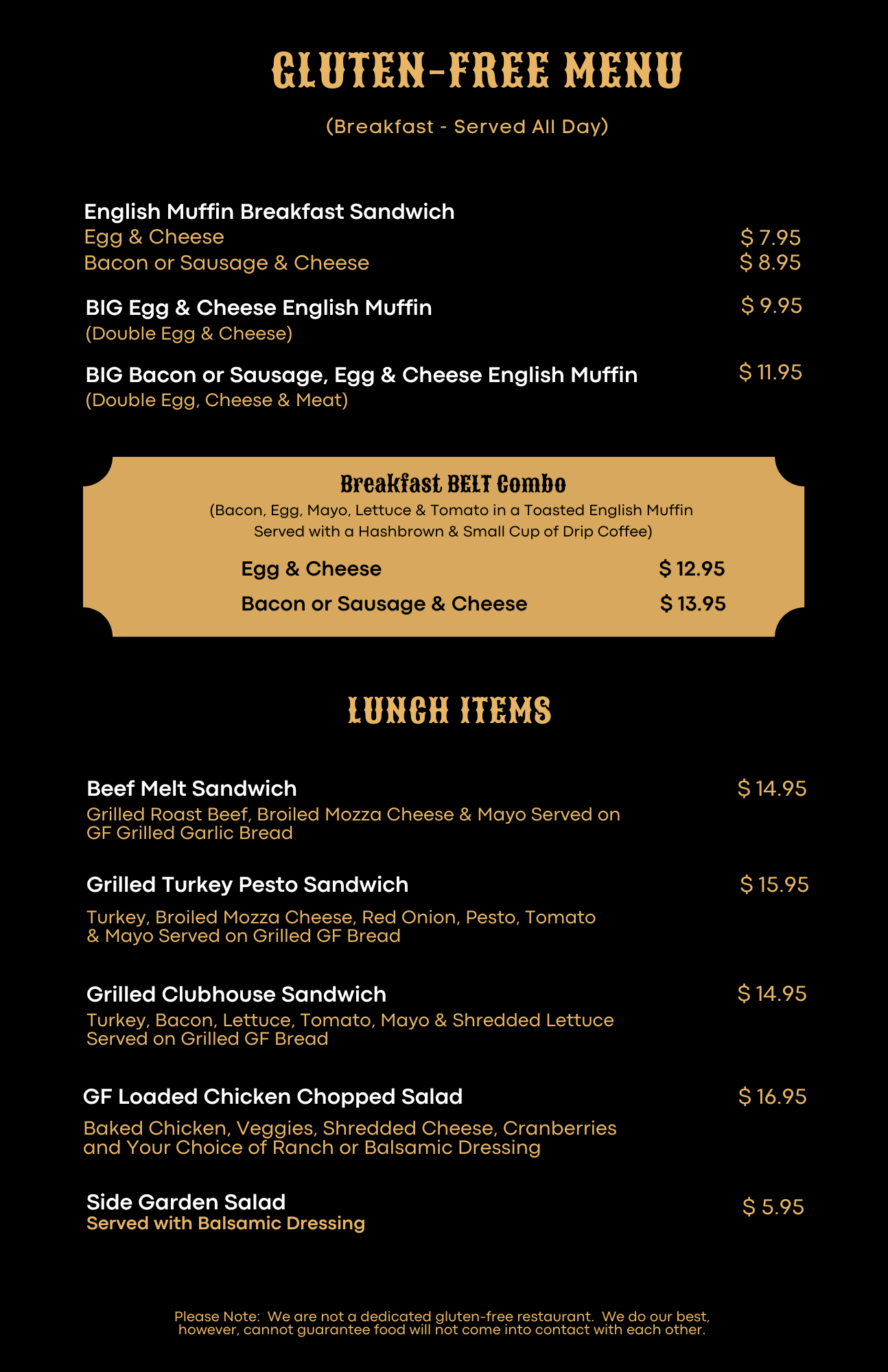 Gluten-free menu featuring breakfast options like English muffins with egg, cheese, bacon or sausage, and a combo; lunch items including beef, turkey, chicken sandwiches, and salads.