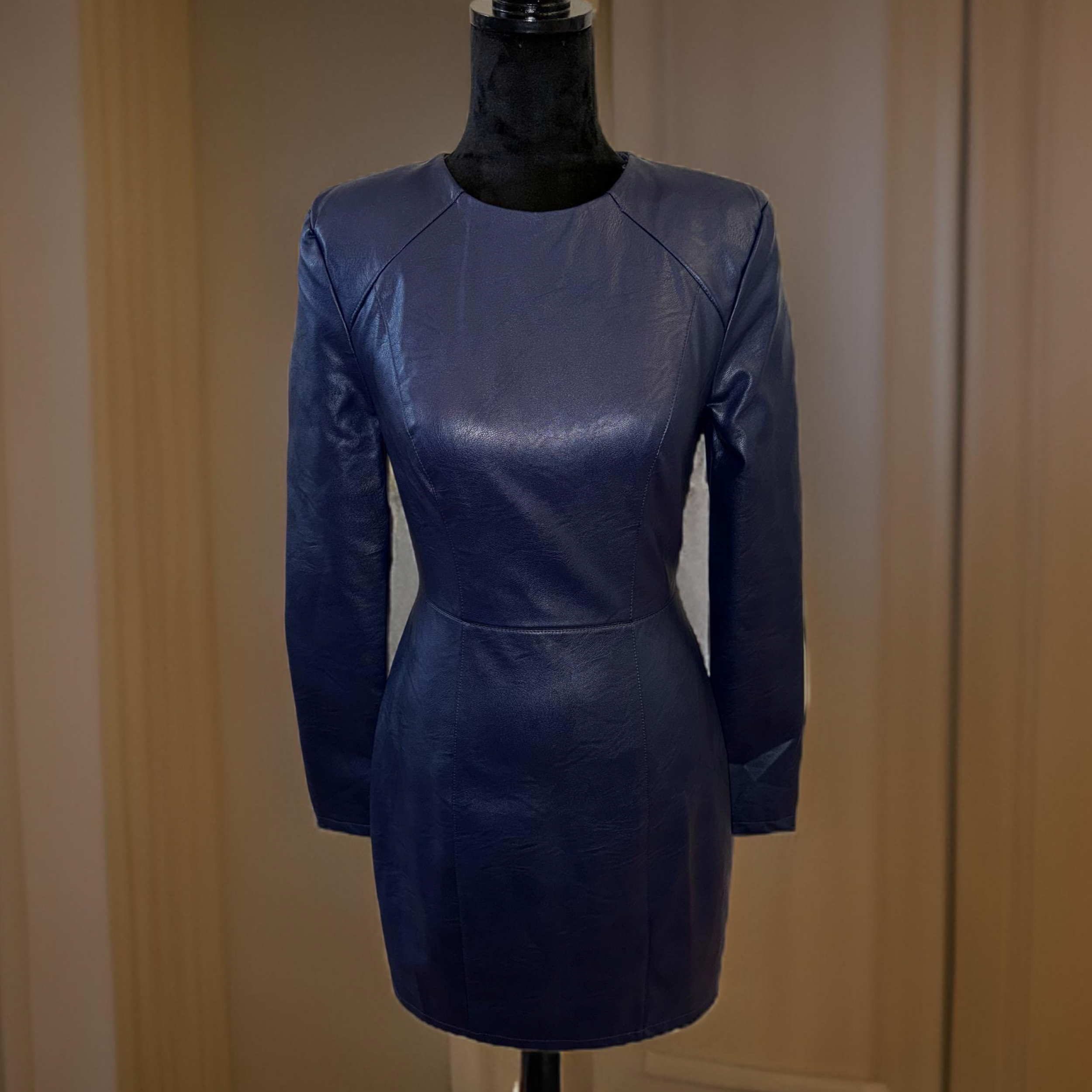 Navy blue long sleeve leather dress