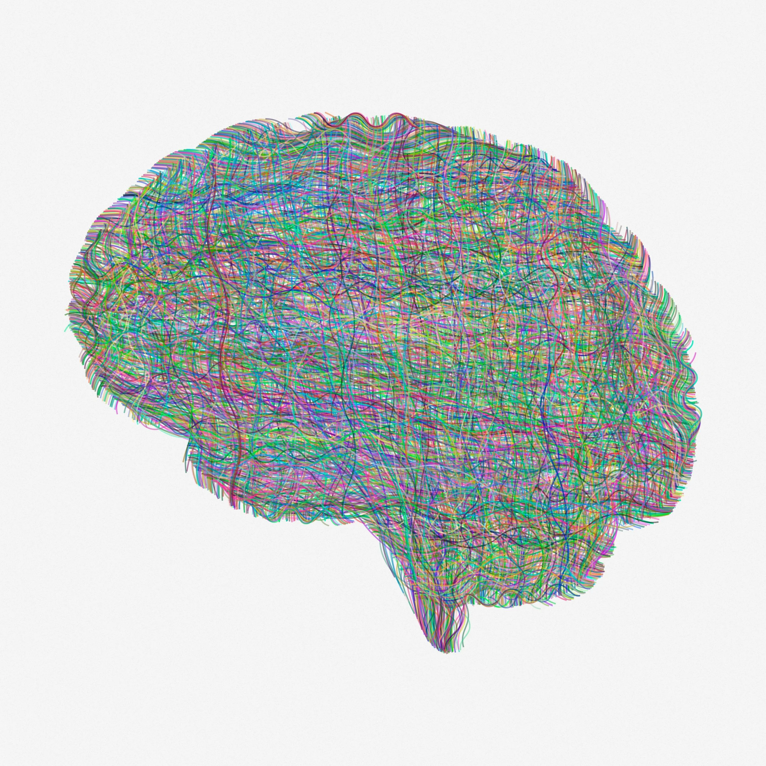 Abstract illustration of a brain with multicolored overlapping lines on a white background.