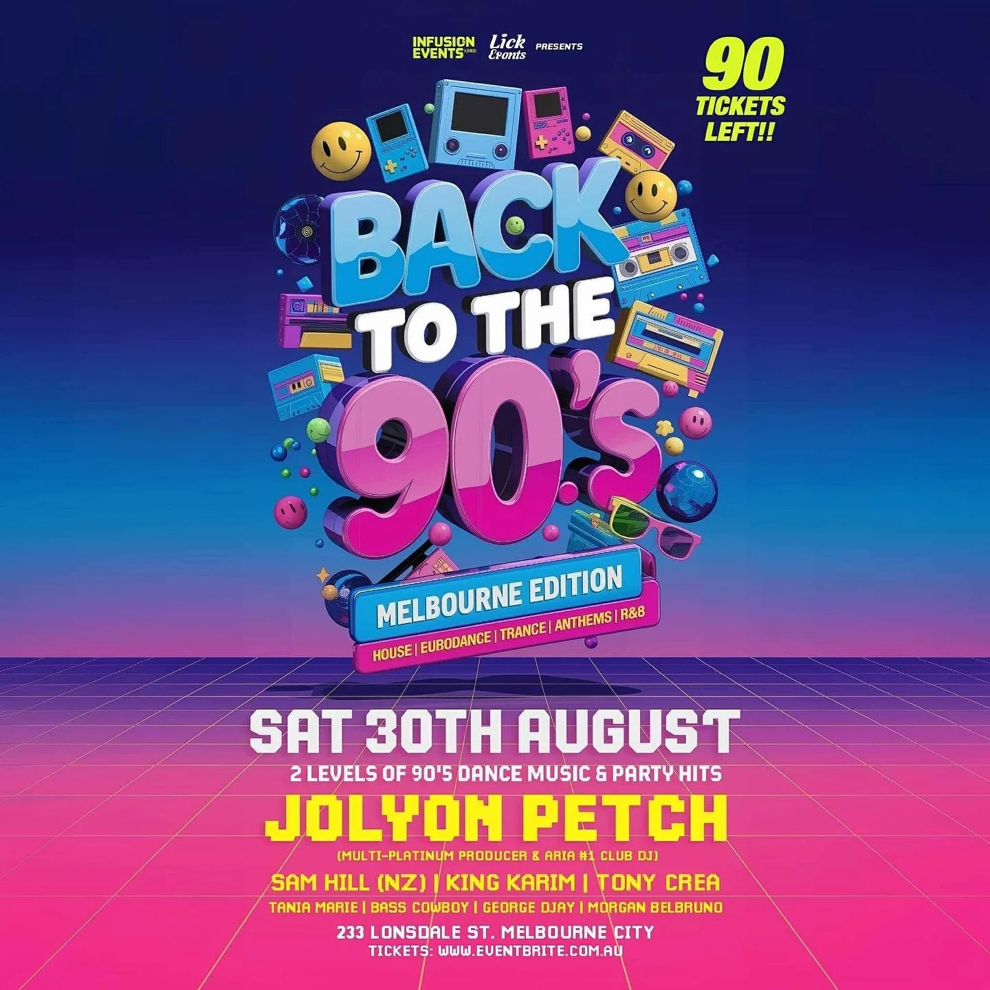 Full DJ lineup for Back to the 90s just dropped 🔥
Pumped to be kicking things off for this at 7pm
Aug 30 - 90&rsquo;s vibes all night!!
Last 90 tickets on sale now, this ones going to Sellout!
Tickets - bit.ly/btt90smelb