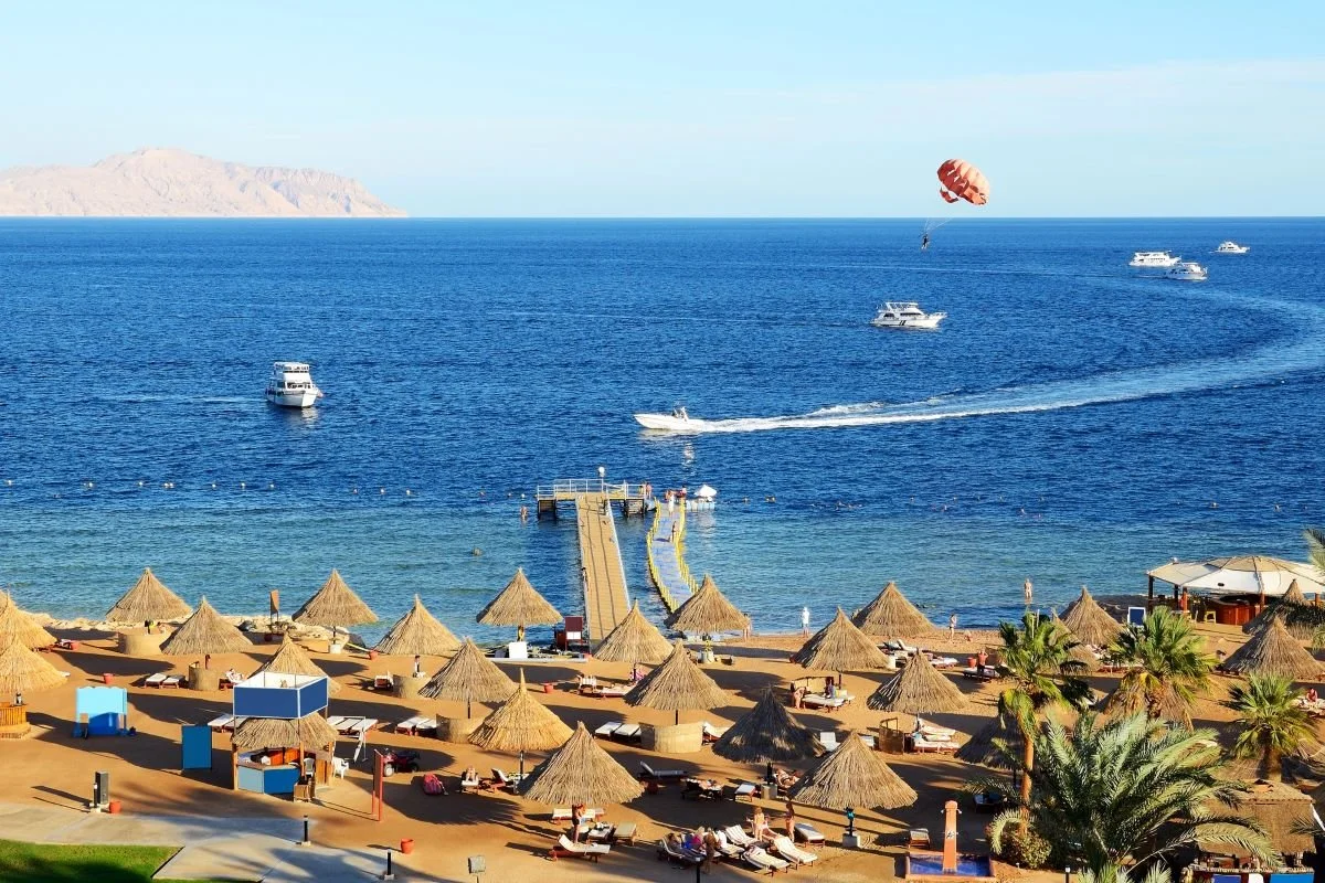 a view of the Red Sea shows parasailing in the water and lines of umbrellas on the beach