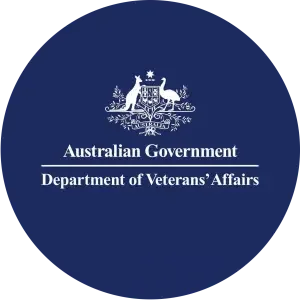 Australian Government Department of Veterans' Affairs logo with a blue background and white emblem of a kangaroo and emu surrounding a shield.