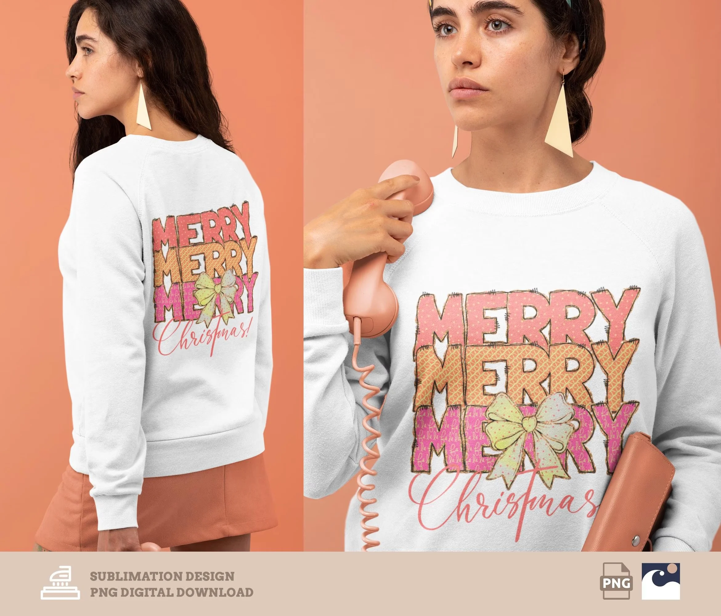 Merry Christmas png, Coquette Bow png, Holiday Design, Pink Christmas print, Polka dot, Plaid, Glitter Christmas png, Sublimation