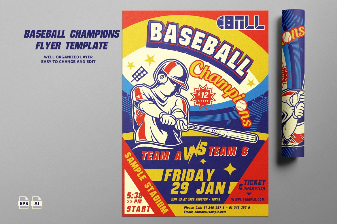 Vintage Baseball Flyer Template for A3 & A4 Prints.