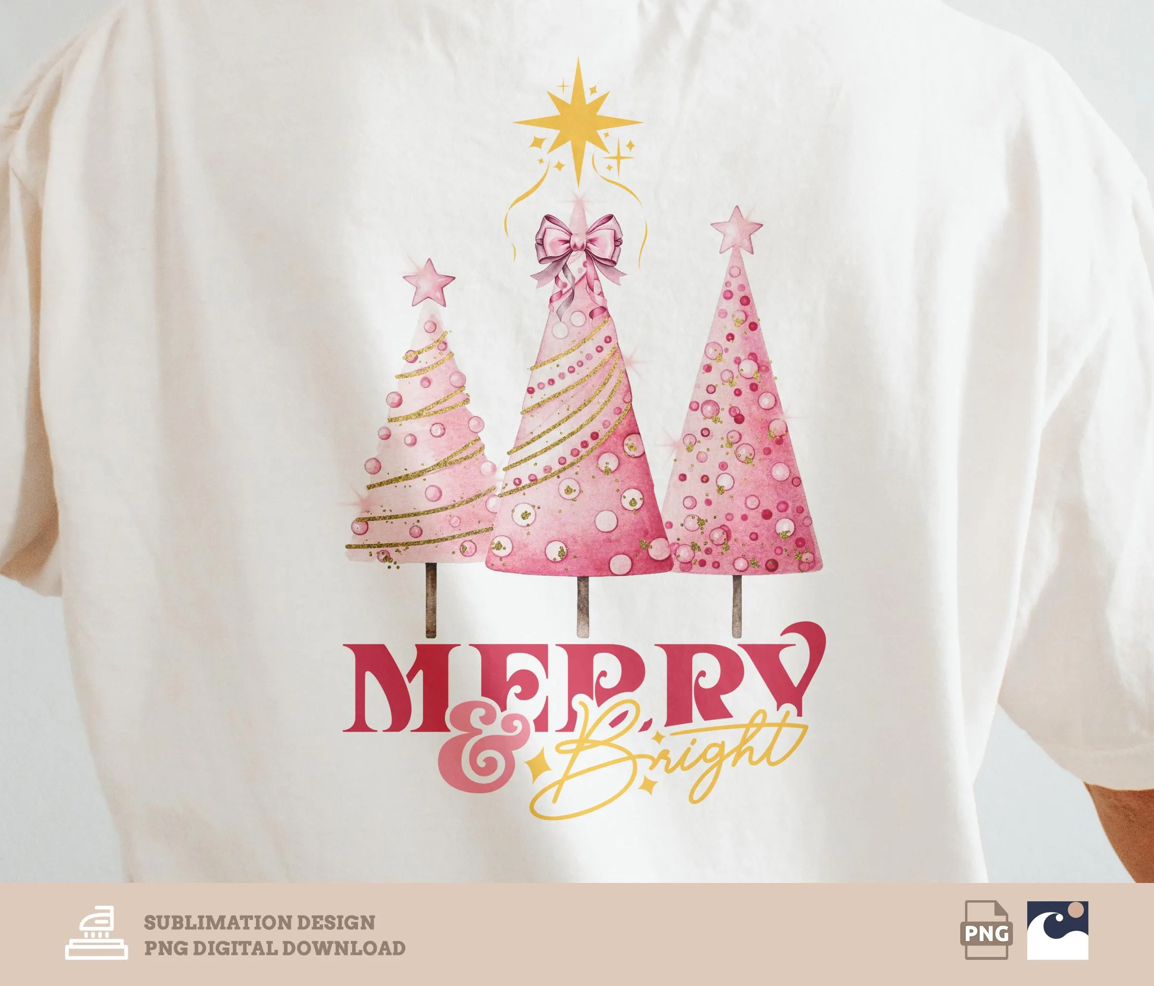 Merry And Bright png, Pink Trees, Christmas Trees Coquette, Glitter, Star, Girly Holiday png, Merry Christmas png, Sublimation Design
