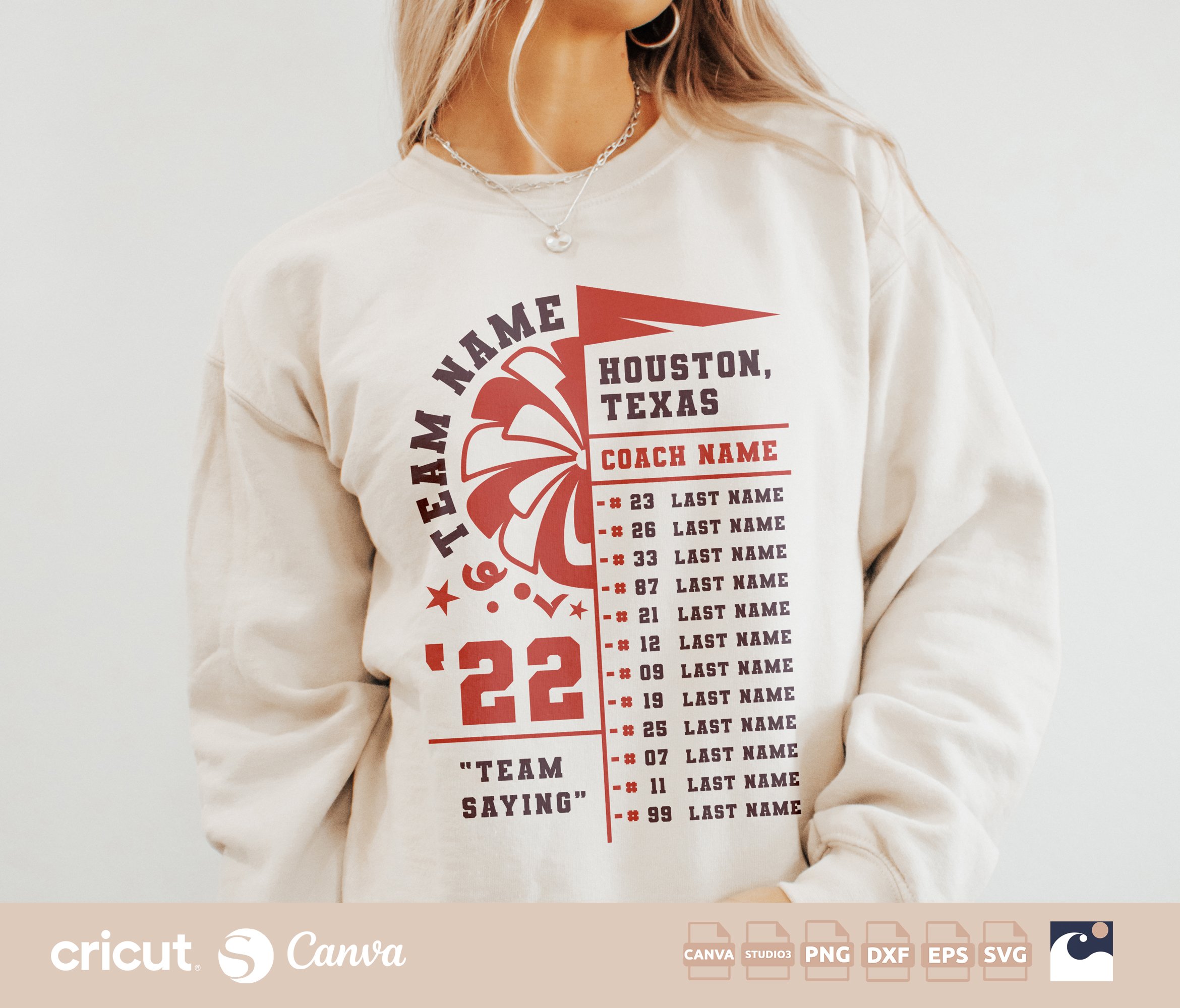 Pom Squad Roster svg, Cheer Team Template, Dance Team Roster, Names, Numbers, Coach, Cut File Shirt, Cricut, Studio3, Canva