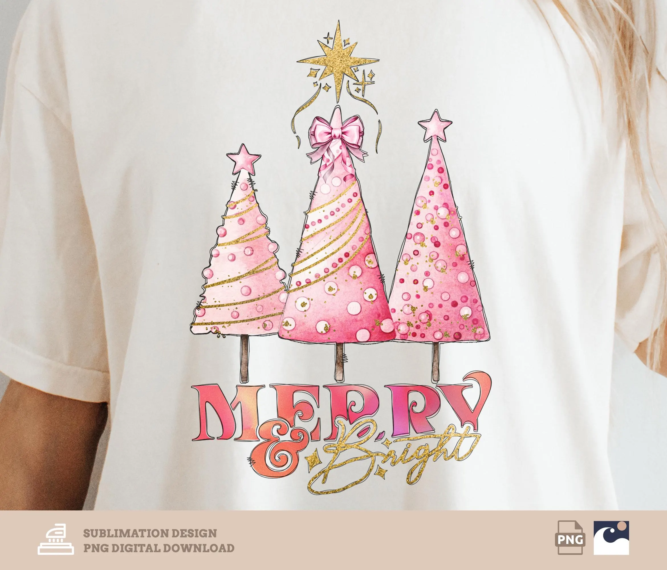 Pink Christmas Trees Coquette, Glitter, Star, Merry And Bright, Girly Holiday png, Glitter, Christmas Coquette, Sublimation Design