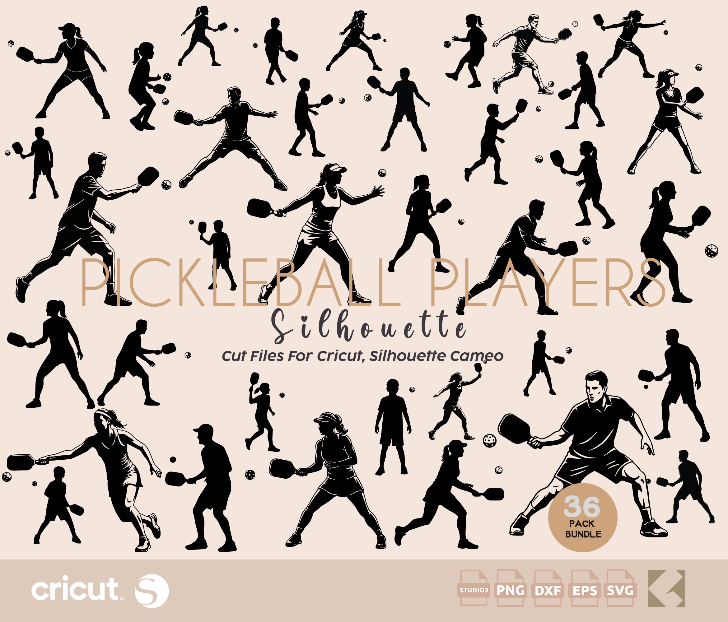 Pickleball Player Silhouette SVG Bundle - 36 Designs - Cut Files for Cricut, Silhouette, Loklik