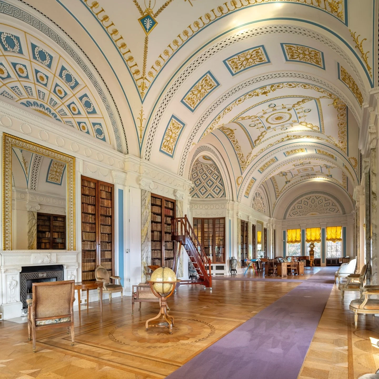 The Library at Sledmere House, designed by Joseph Rose II for Sir Christopher Sykes in the late 18th century, is a renowned neoclassical room in East Yorkshire, UK. It is celebrated for its elegant, long design and exquisite decorative plasterwork. A