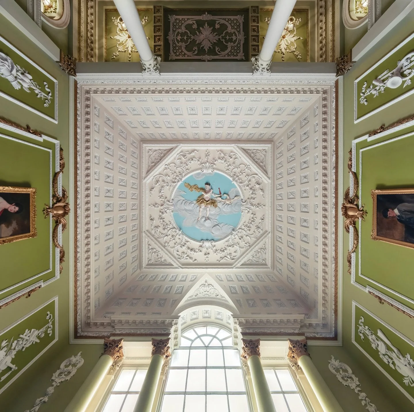 The plasterwork ceiling above the staircase at Lytham Hall. Designed by Giuseppe Cortese, it is a relief of Jupiter, the King of the Gods. Lytham Hall is an 18th-century Grade 1 listed Georgian country house in Lancashire
.
.
.
.
.
.
 #statelyhome #a