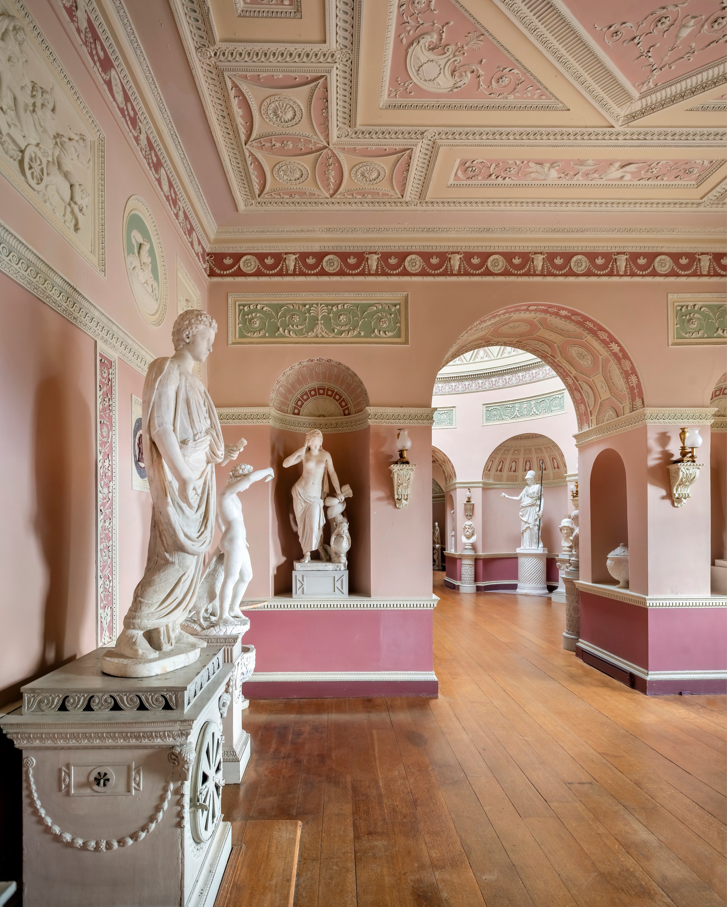 The magnificent Sculpture Gallery at Newby Hall, one of the finest interiors in Yorkshire. Designed by John Carr in the 18th century, the gallery provides a spectacular setting for an impressive collection of classical sculptures, with beautiful natu