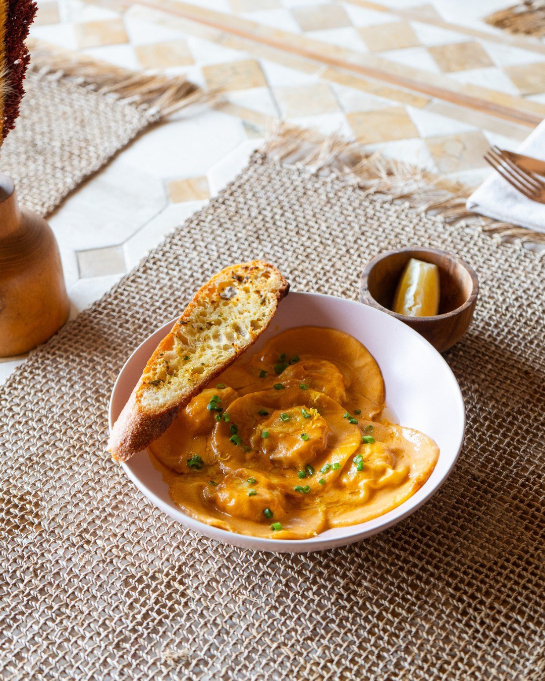 The NEW Dune Shrimp Ravioli 🦐

Loved by Natalia, head of creative at Dune. She loves this dish's rich, creamy and tangy sauce and intense shrimp flavours. 
 
This prawn and ricotta ravioli is served with a rich prawn bisque and finished with fresh l