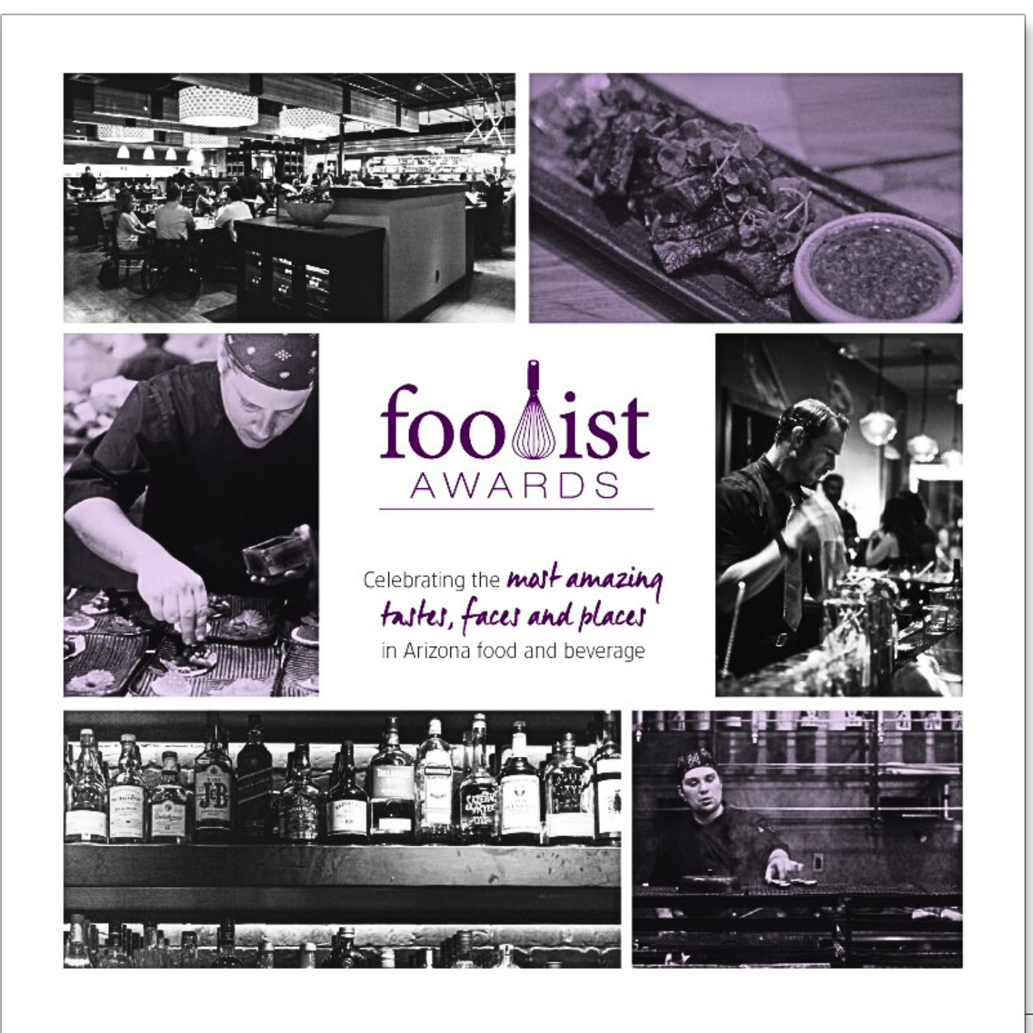 Cover page for the 2015 Foodist Awards featuring a collage of black and white photos of a restaurant, bartenders, a bar with bottles, and a chef, with purple accents and text celebrating Arizona food and beverage industry.