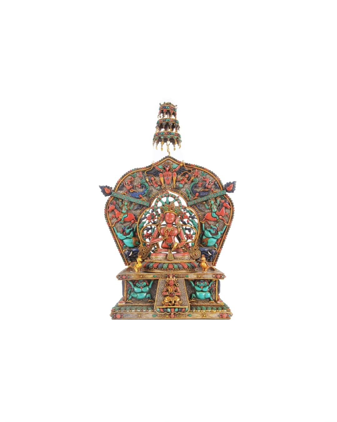Exquisitely crafted with meticulous attention to detail using traditional Nepalese techniques, this elaborate sculpture, as seen here, embodies the divine presence of one of the forms of the revered Goddess Tara. Symbolizing compassion and empathy, s