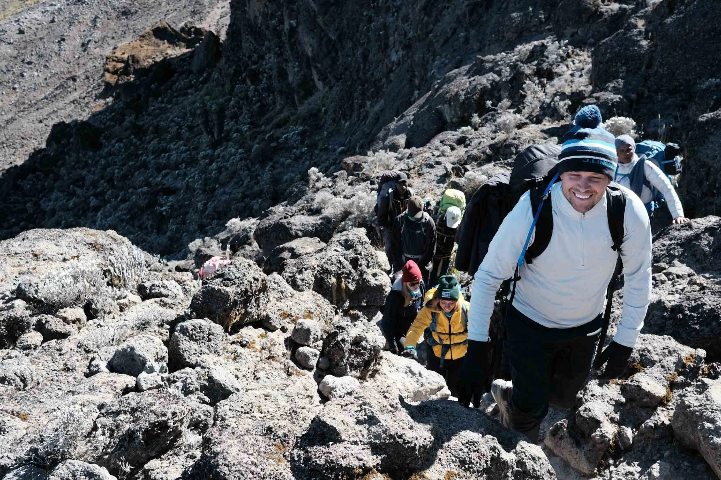 Climbing the Branco Wall on Kilimanjaro's seven day Machame route trek. Africas highest mountain.