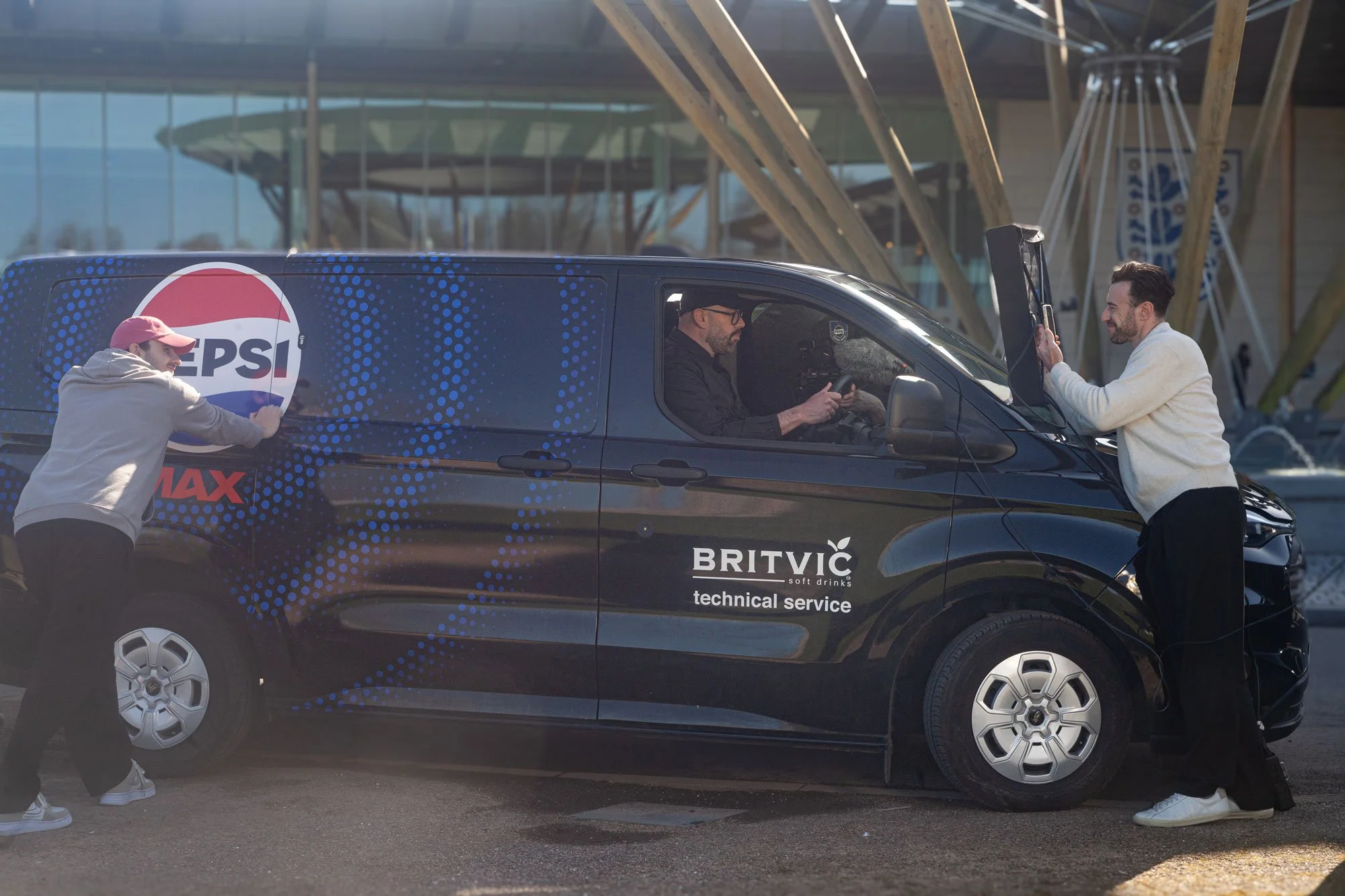 On set with talent during Pepsi Max England football campaign shoot