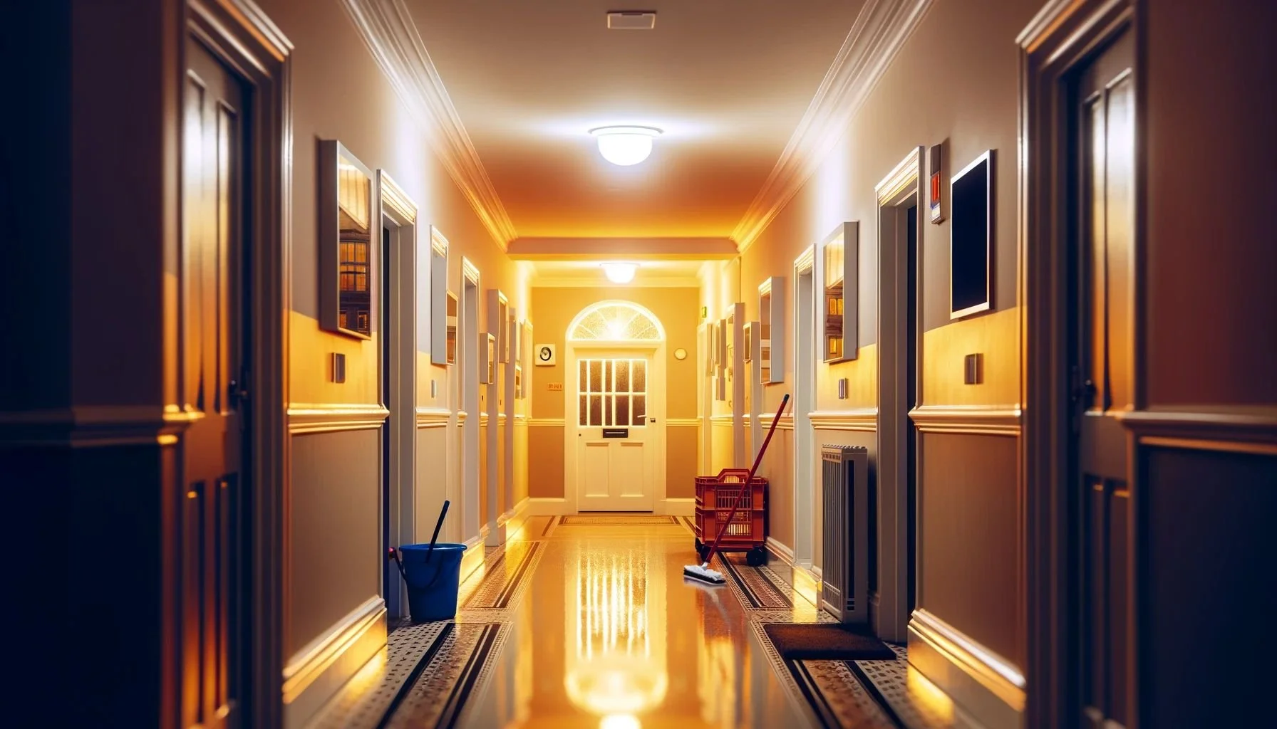 Communal corridor in a block of flats with a mop, bucket and cleaning trolley