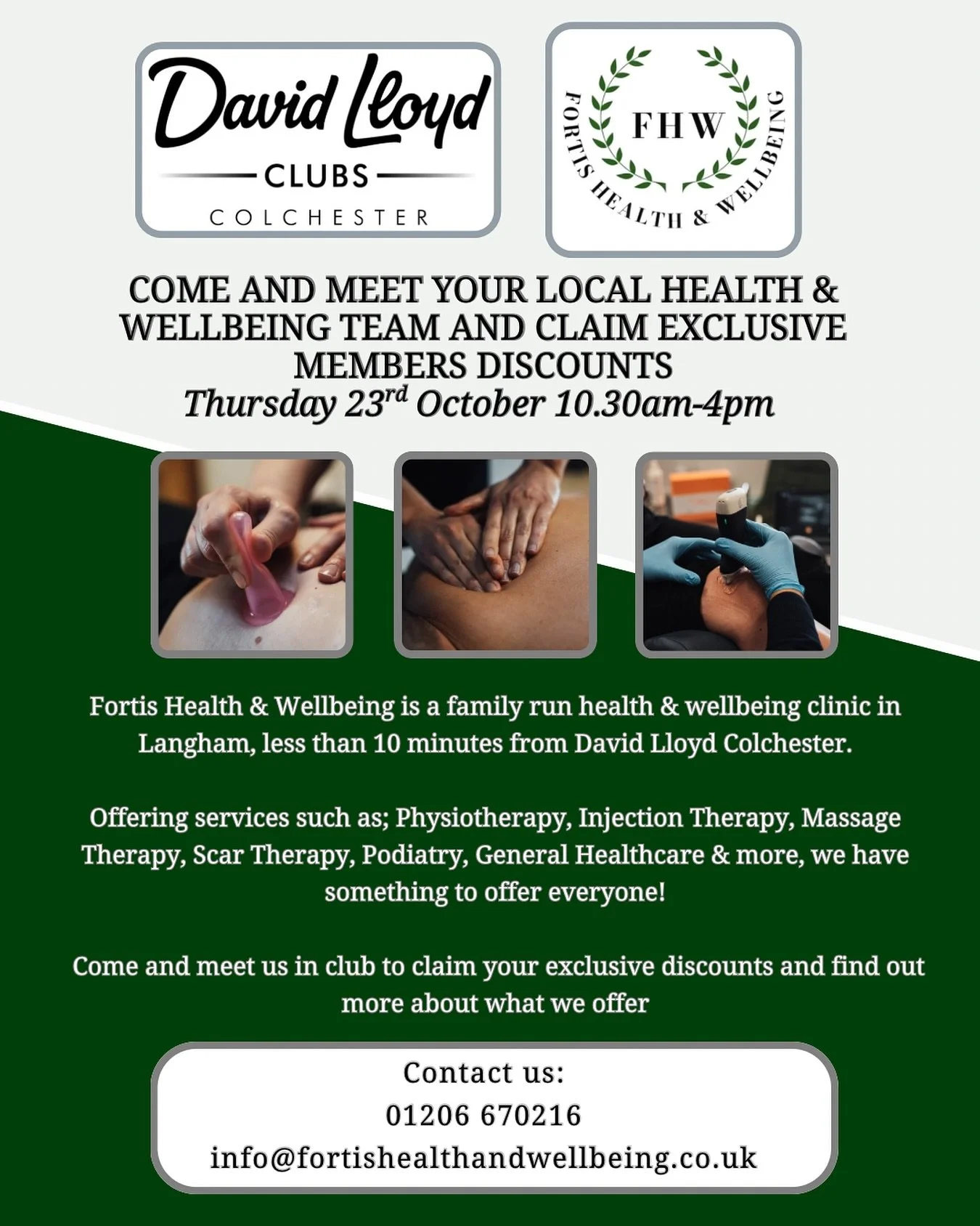 🌿 3 DAYS TO GO 🌿
Calling all David Lloyd Members! 📣 
Just 3 days until owners of Fortis Health & Wellbeing, Joe & Josie, will be in club for the day to answer all your health and wellbeing questions! 🥳
We will be chatting through all t