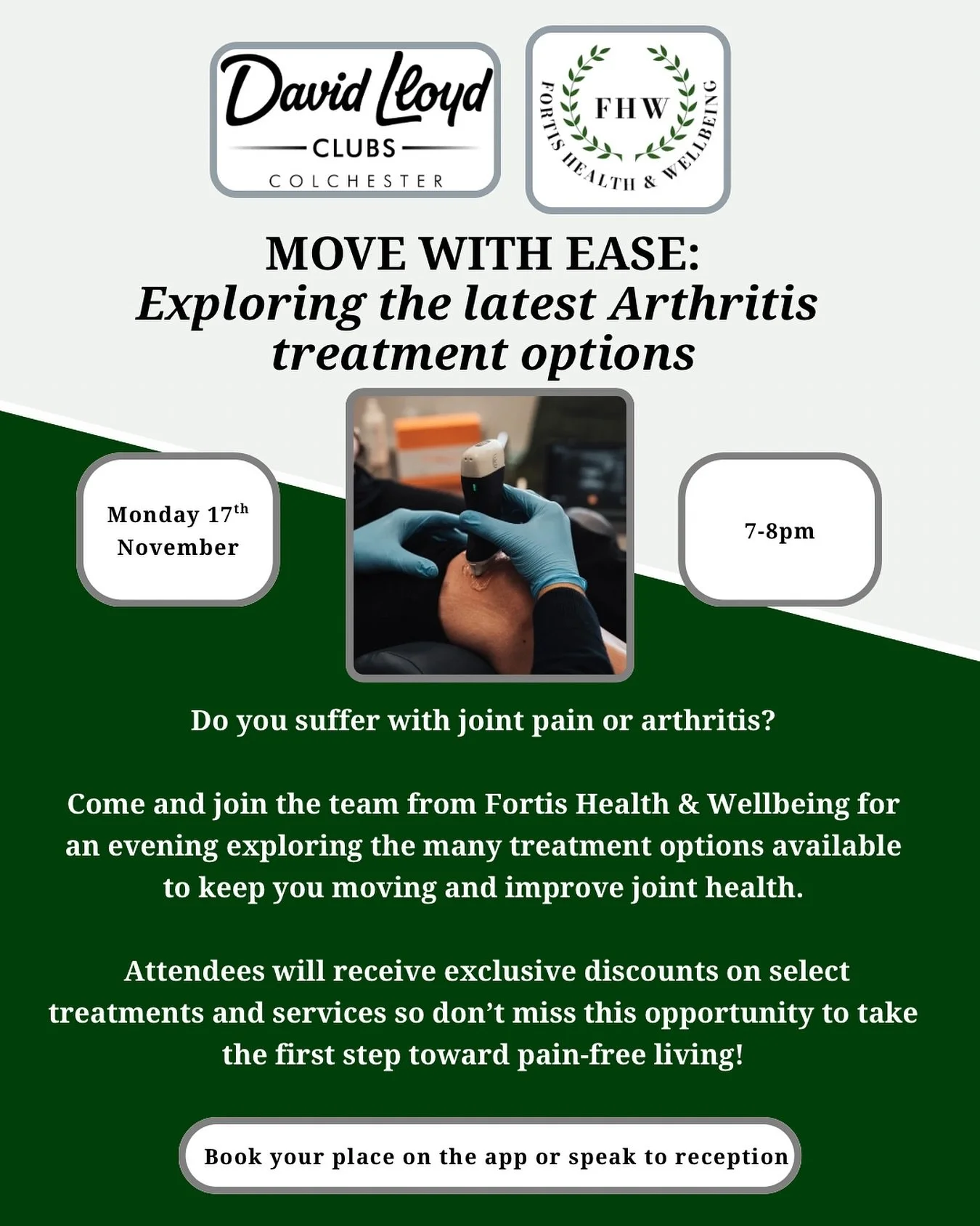 🌿 ARTHRITIS SEMINAR 🌿

We&rsquo;re looking forward to our first evening seminar @davidlloydcolchester this coming Monday evening 🙌

Is joint pain holding you back? 

Join our evening seminar where we will explore the newest treatment options and o