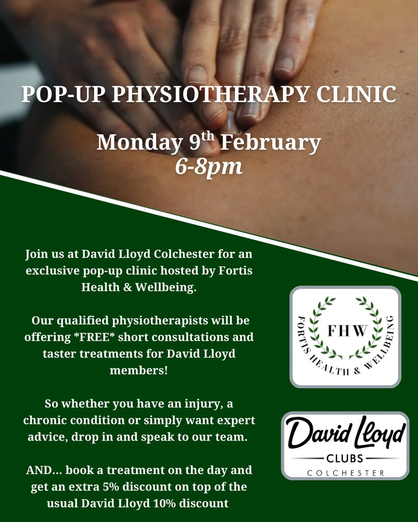 🌿 POP UP PHYSIOTHERAPY CLINIC 🌿

Some of you may remember we unfortunately had to cancel our last physiotherapy pop-up clinic @davidlloydcolchester before Christmas due to availability of the space. Well we are delighted to have been able to resche