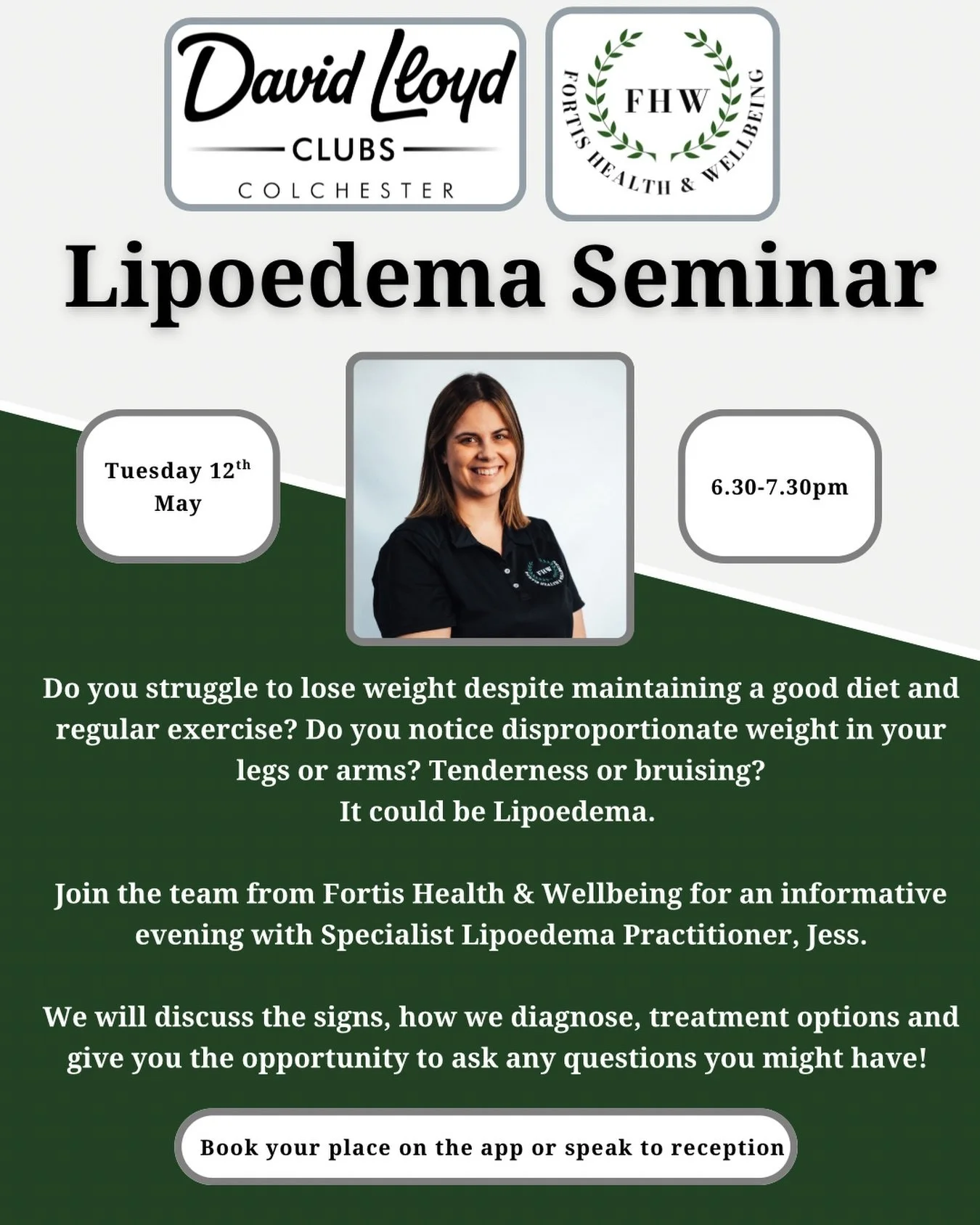 🌿 LIPOEDEMA SEMINAR 🌿

We&rsquo;re delighted to announce that our next Seminar at David Lloyd Colchester will be hosted by the wonderful @jessicapearcetherapies 

Join us for an informative and supportive session where we&rsquo;ll raise awareness, 