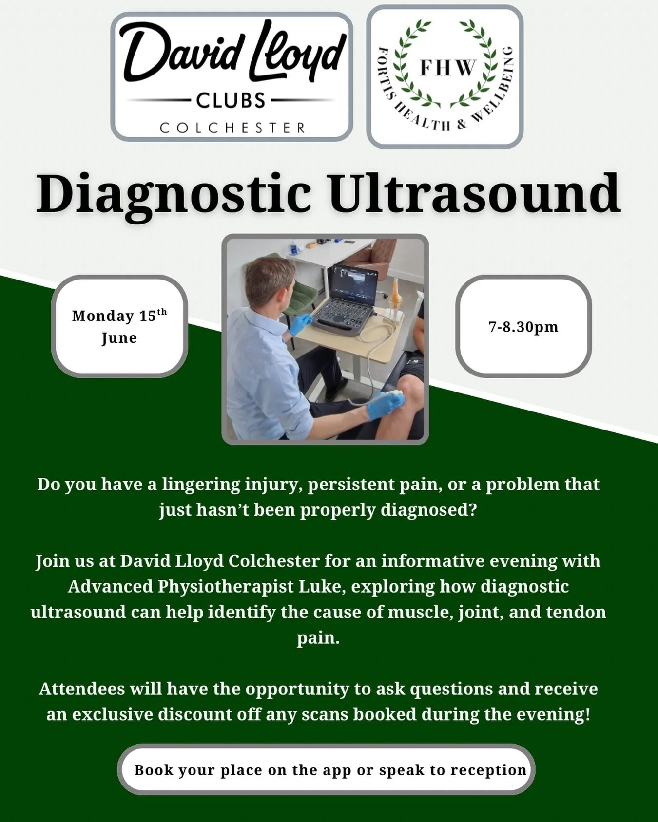 🌿 DIAGNOSTIC ULTRASOUND SEMINAR 🌿

Join us for our next evening seminar at David Lloyd Colchester as we explore the role of musculoskeletal diagnostic ultrasound in assessing injury, pain, and movement dysfunction 💪 

We&rsquo;ll be covering:
🌿Wh