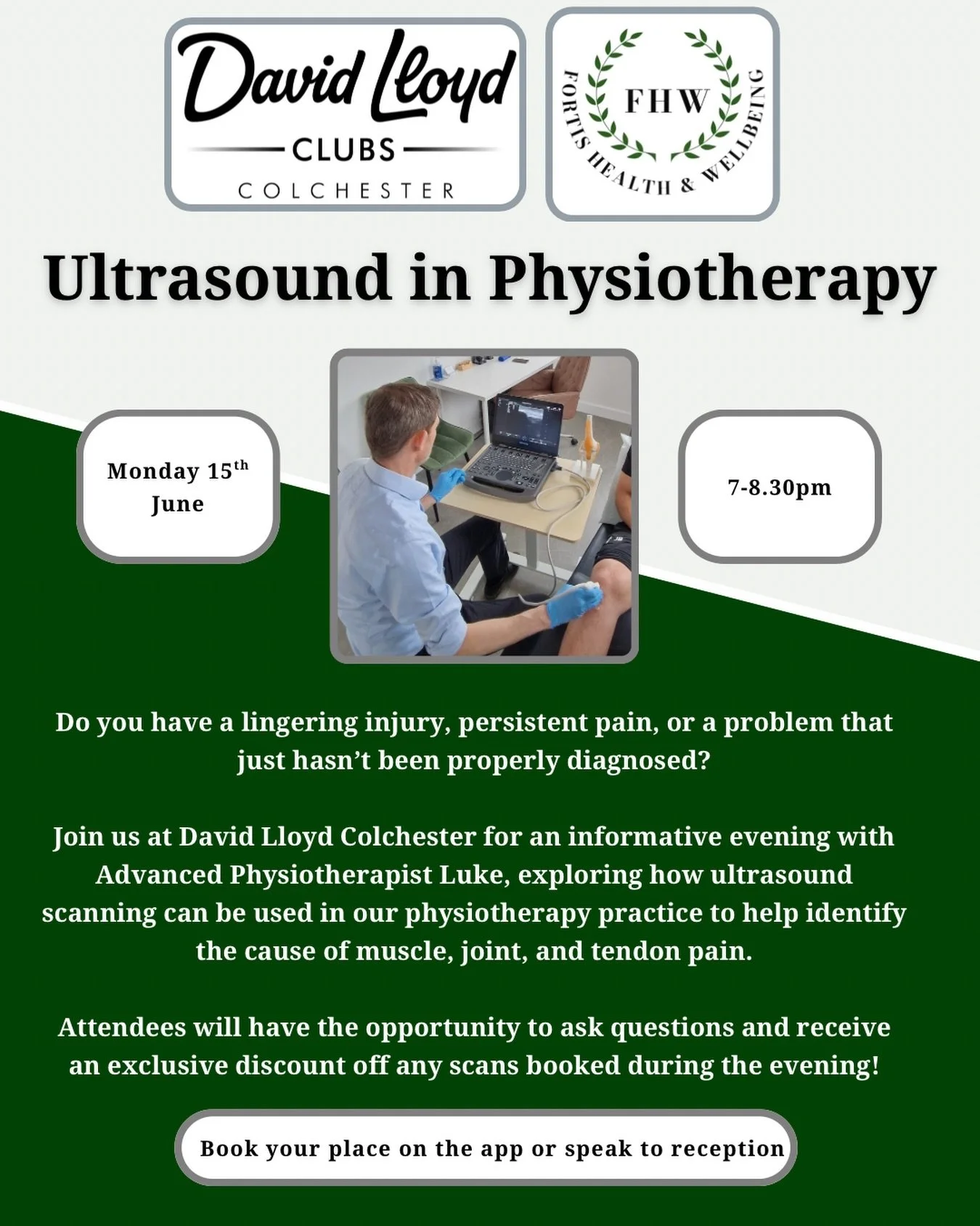🌿 ULTRASOUND SEMINAR 🌿

Join us for our next evening seminar at David Lloyd Colchester as we explore the role of musculoskeletal ultrasound in assessing injury, pain, and movement dysfunction 💪 

We&rsquo;ll be covering:
🌿What MSK ultrasound can 