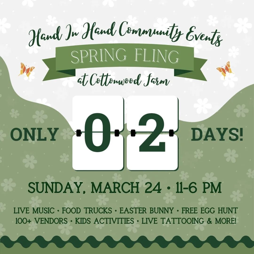 ✨ Only TWO days away!!! ✨

Spring Fling at Cottonwood Farm 
SUNDAY, MARCH 24TH &bull;  11-6 PM

Join us for an exciting day full of festivities! You will find artisan &amp; handmade goods, interactive activities, delicious food, local boutiques, and 