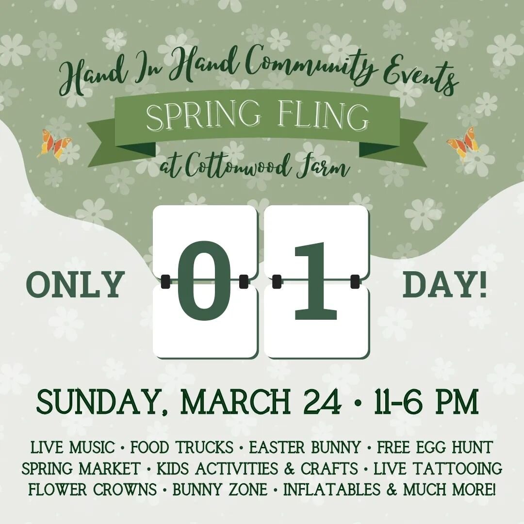 ✨TOMORROW✨

Spring Fling at Cottonwood Farm

🌷Live music
🌷100+ vendors
🌷Food trucks
🌷Easter Bunny
🌷Live tattooing
🌷Permanent jewelry
🌷Bouncy floor bubble dome
🌷Spring farmhouse minis
🌷FREE Spring painting craft
🌷FREE bunny petting zone
🌷In