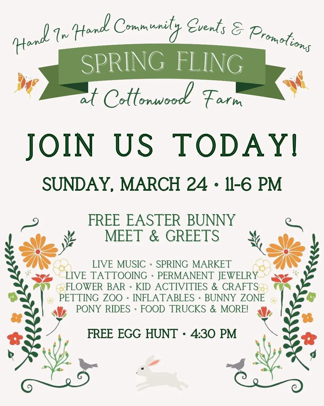 ✨JOIN US TODAY!!!✨

Spring Fling at Cottonwood Farm 
SUNDAY, MARCH 24TH &bull;  11-6 PM

Come out to the farm for an exciting day full of festivities! You will find artisan &amp; handmade goods, interactive activities, delicious food, local boutiques