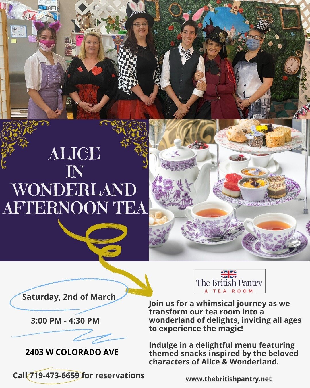 Join us down the rabbit hole for an enchanting Alice in Wonderland High Tea this Saturday from 3pm-4:30pm at the British Pantry and Tea Room! 🎩🐇✨ Hurry, the first seating is sold out, but limited seats remain for the second seating. 🎫 Enjoy themed