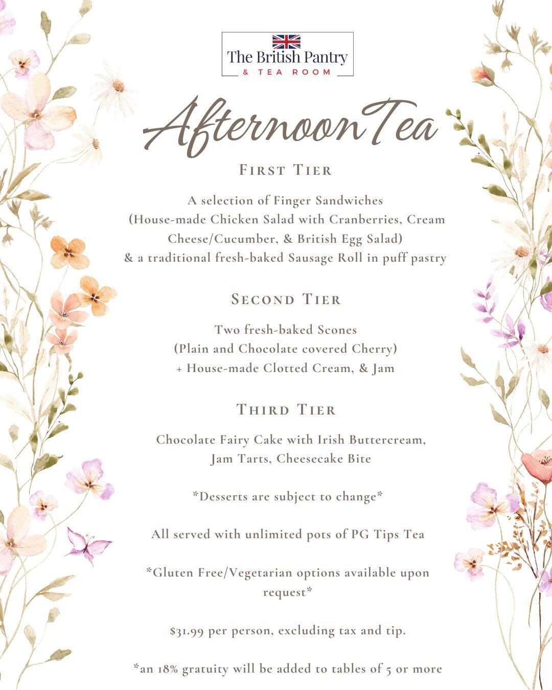 Indulge in our NEW March Afternoon Tea Menu! Join us every Saturday and Sunday from 11am-4pm for a traditional treat featuring our classic finger sandwiches and freshly baked sausage rolls. Don't miss our mouthwatering freshly baked scones&mdash;avai