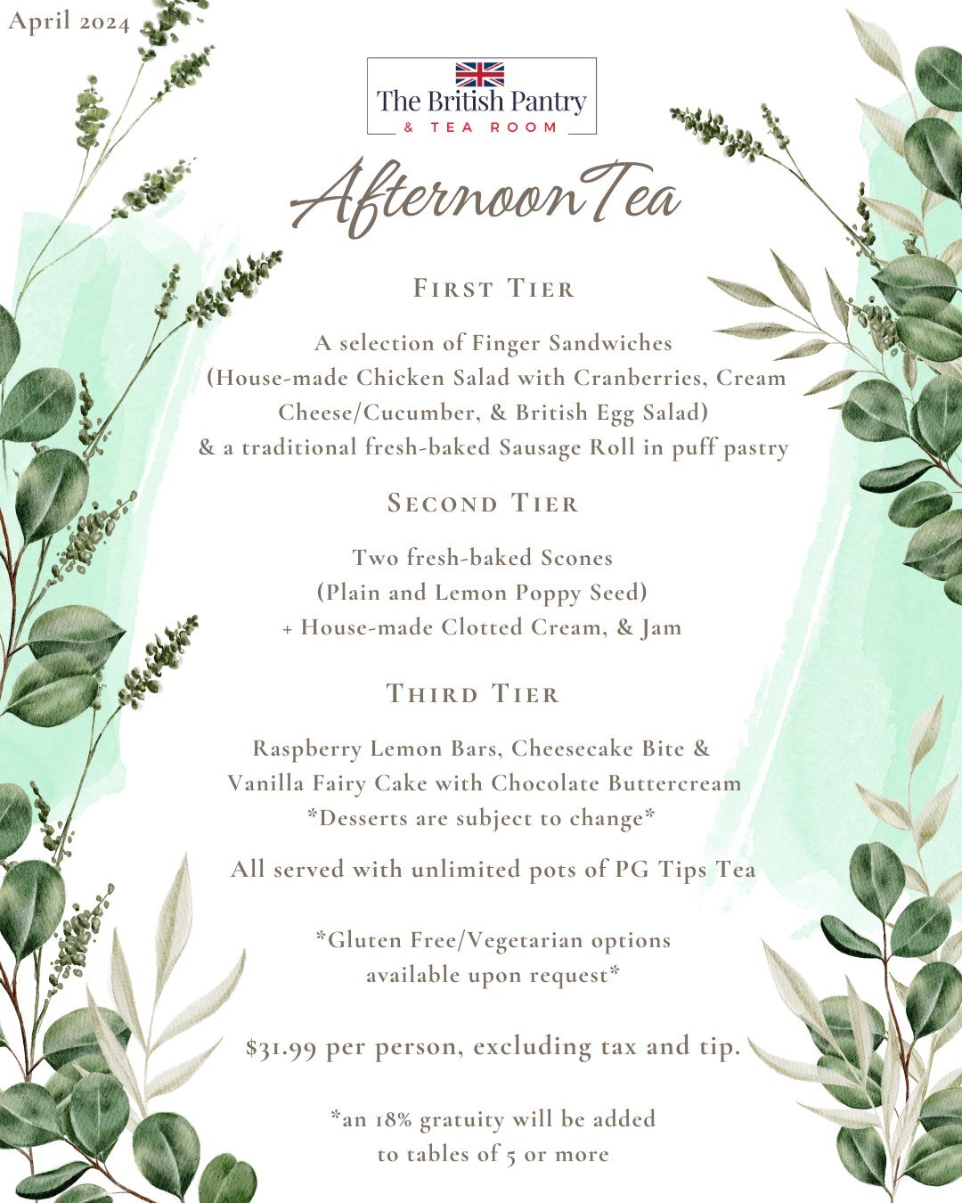 Exciting News! Join us at the British Pantry and Tea Room this April for a delightful afternoon tea experience every Saturday and Sunday from 11am-4pm! Indulge in our traditional afternoon tea featuring three tiers of British deliciousness - Finger S