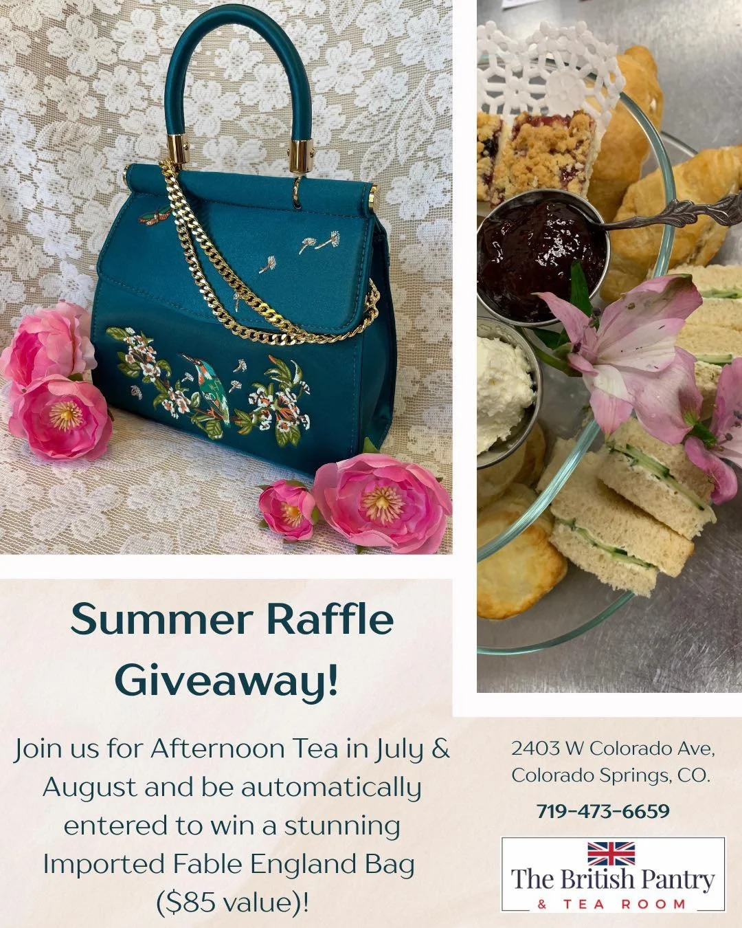 Summer Raffle Alert! 🎉

Fancy a weekend treat? Join us Saturdays and Sundays for our Summer Afternoon Tea and you&rsquo;ll be automatically entered to win a Fable English Bag&mdash;a chic companion valued at $85!

On the menu:
&bull;Traditional Brit