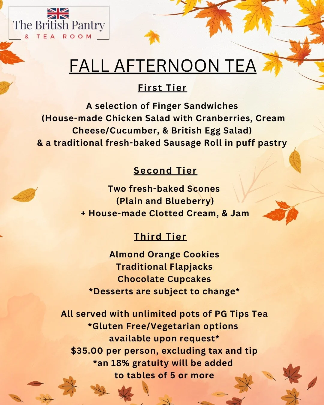 🍁 Fall flavors have officially landed at The British Pantry &amp; Tea Room! 🍁

If you're craving a true, traditional British tea experience, join us Saturdays and Sundays from 11am to 4pm &mdash; we&rsquo;d love to host you!

Enjoy unlimited pots o