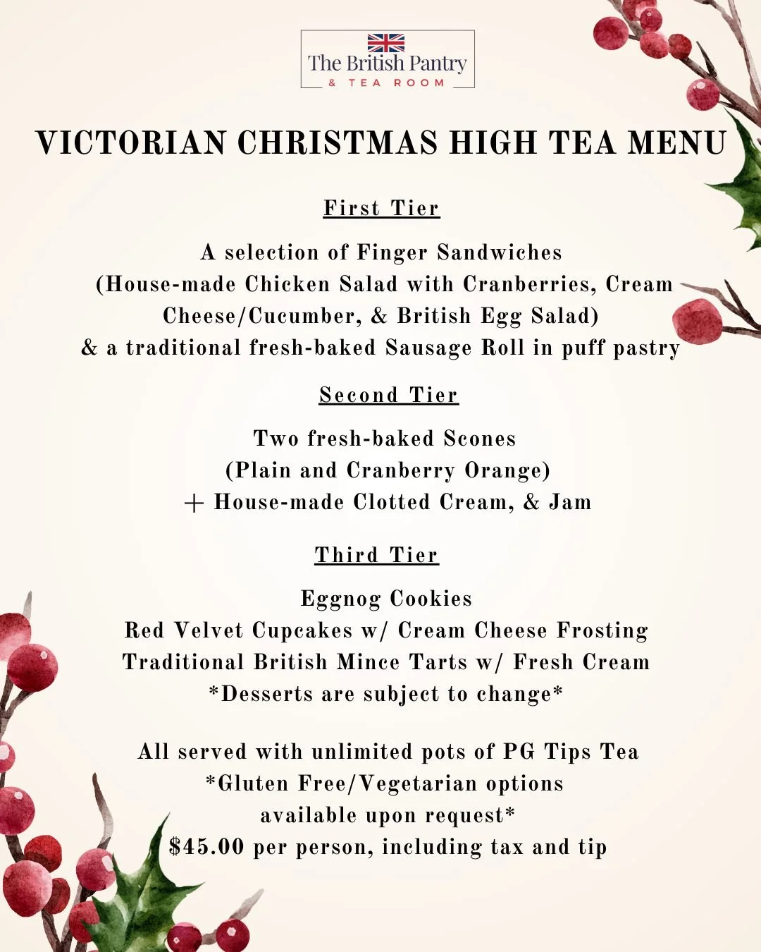 Step into a Victorian Christmas at The British Pantry &amp; Tea Room!

Our most popular and elegant high tea experience begins this Saturday! The Victorian Christmas High Tea is the perfect way to continue the holiday spirit after Thanksgiving and tr