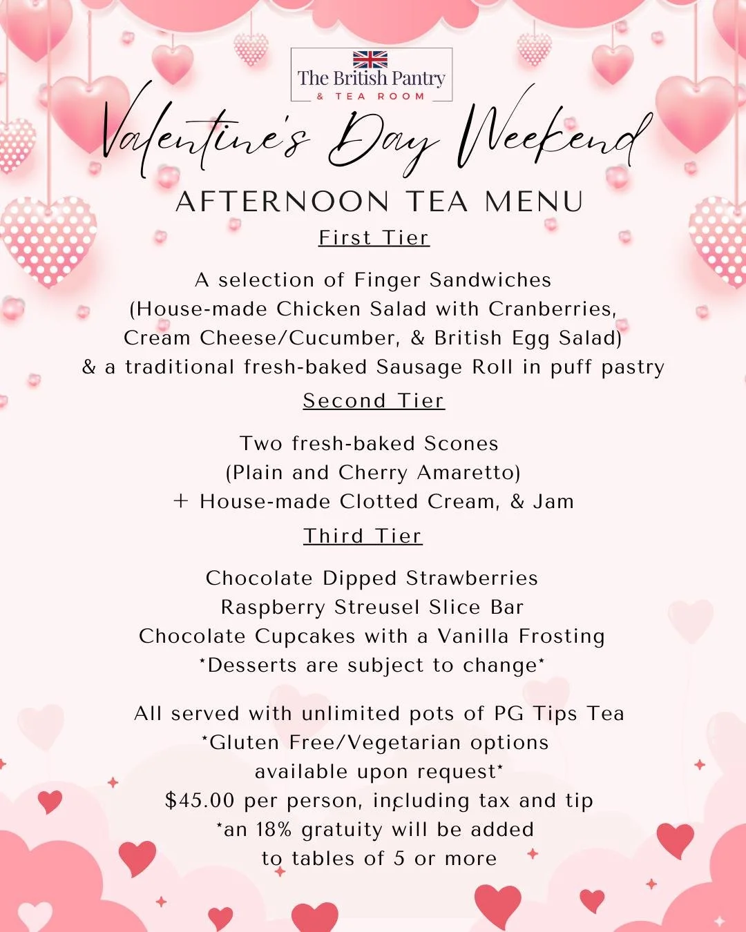Valentine&rsquo;s Day at The British Pantry &amp; Tea Room

We&rsquo;re celebrating with a special Valentine&rsquo;s Day Afternoon Tea, featuring a limited‑edition menu with Cherry Amaretto Scones, Chocolate‑Dipped Strawberries, and a Raspberry Streu
