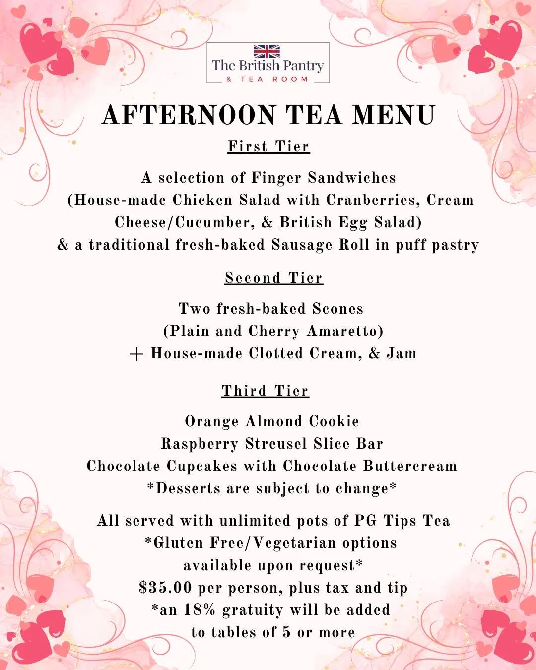 ✨ February Afternoon Tea Menu is Here! ✨

We&rsquo;re welcoming February with a fresh Afternoon Tea menu debuting this weekend. New flavors, seasonal touches, and all the cozy charm that makes an afternoon with us feel special. It&rsquo;s not the sam