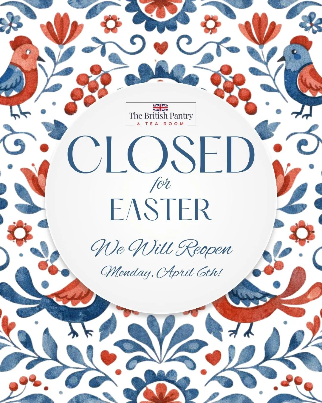 🌷 Happy Easter from The British Pantry and Tea Room 🌷

We are closed today for Easter, and we hope everyone is enjoying a beautiful and restful holiday.

A big thank you to all who stopped by this week for Easter eggs and hot cross buns &mdash; we 