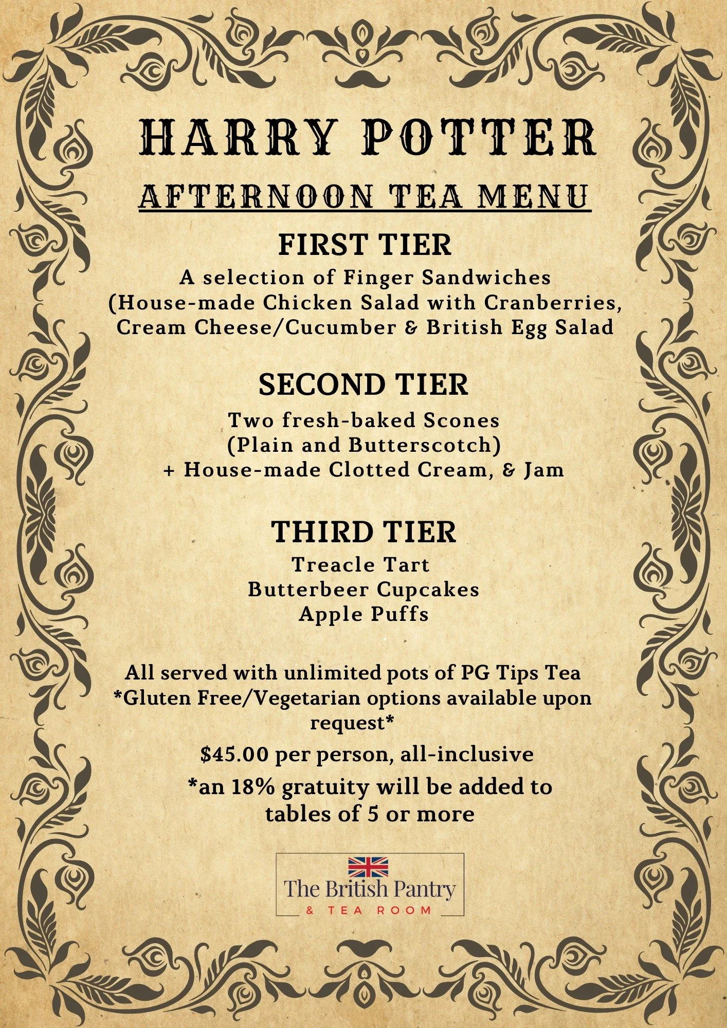 Potter fans, Sunday is your day. Our Harry Potter Afternoon Tea still has seats at 11 am and 1 pm, and the menu is full of themed treats like Butterbeer Scones and Treacle Tart. We&rsquo;ll have trivia, dress up, and prizes, so come ready for a littl