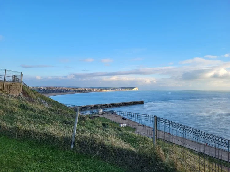 Coastal landscape with grassy hill and sea view