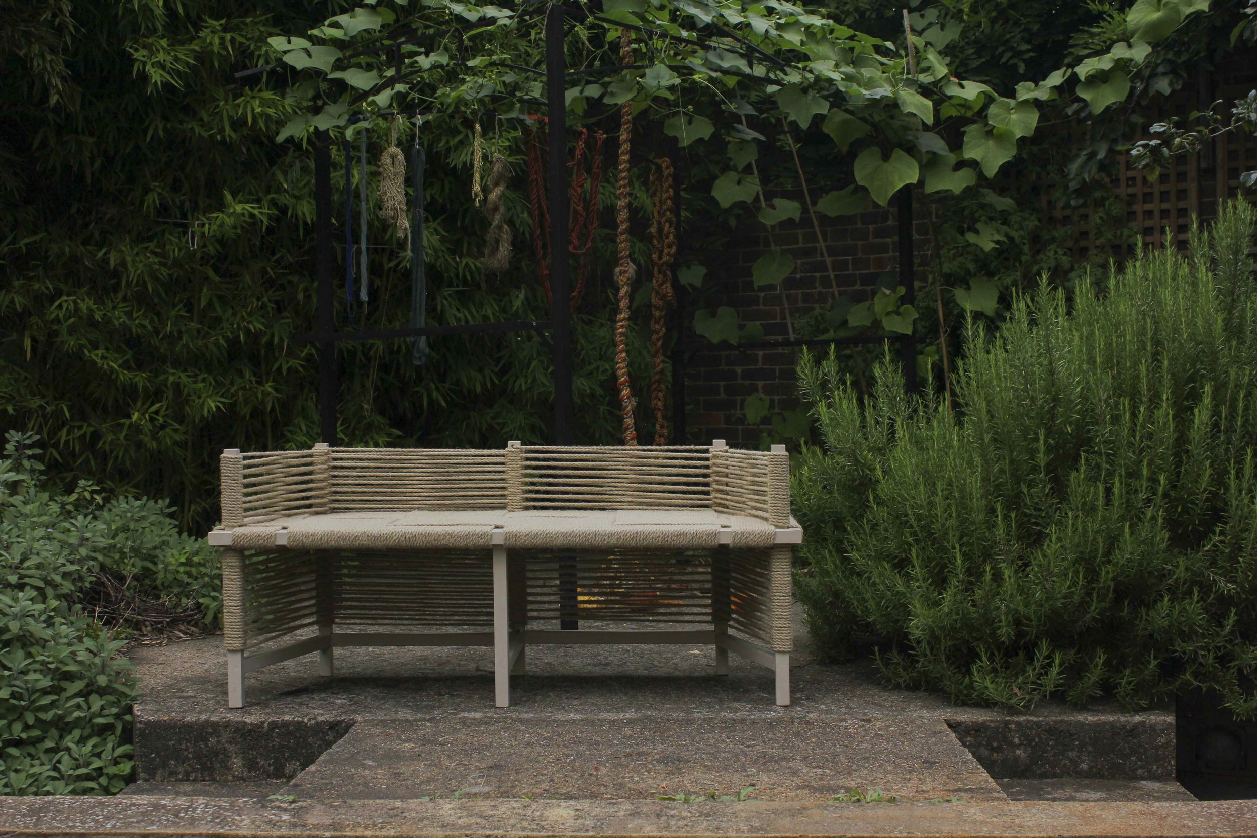 Hemp Rope Bench by Nice Projects and Mother Goddess Rope by WAX Atelier, KILOMET 109 and  Blue H’mong craftswomen.
