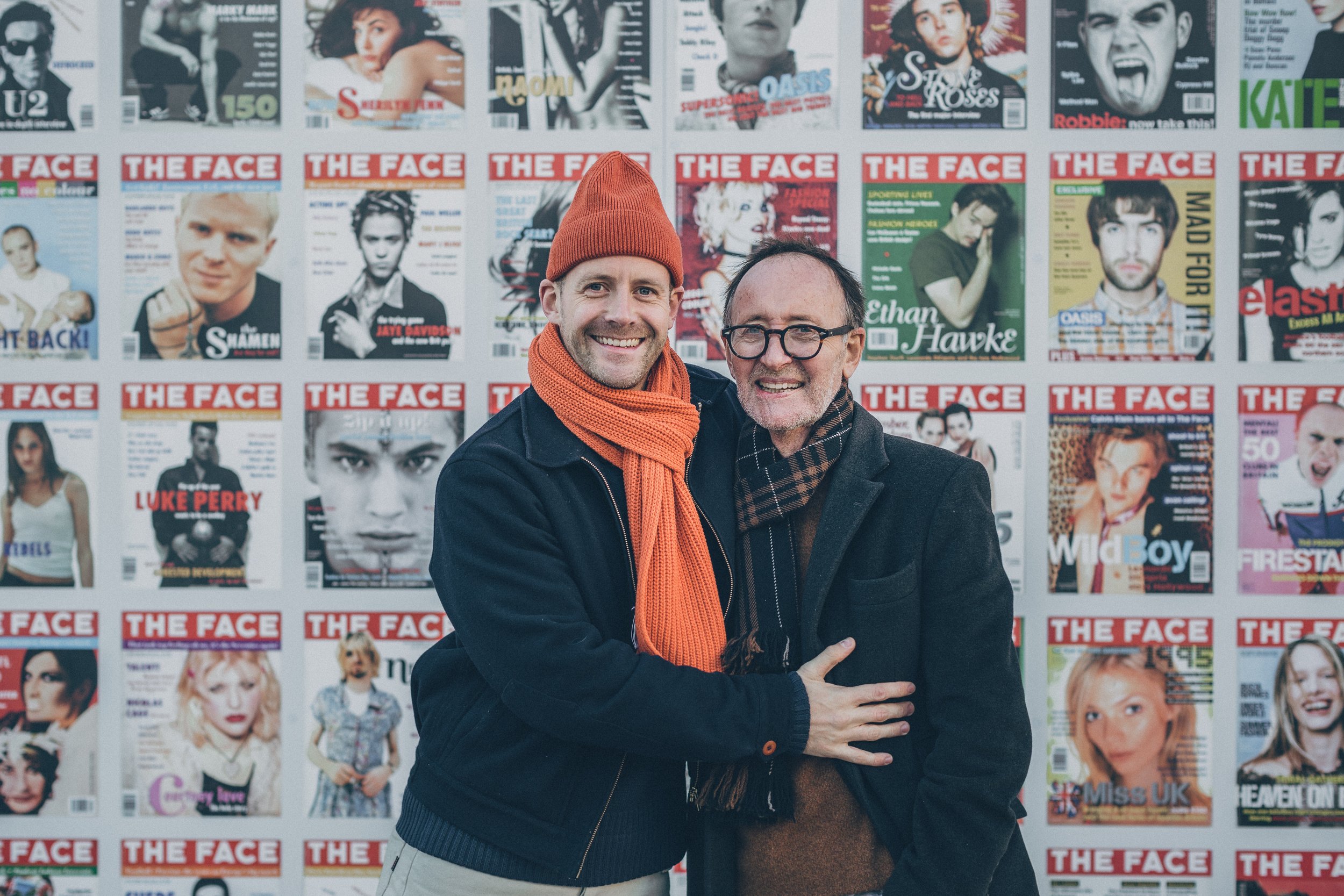 Maxwell and Nick Logan (Founder of The Face), with their installation of all covers of the magazine on Lewis Cubitt Square. 