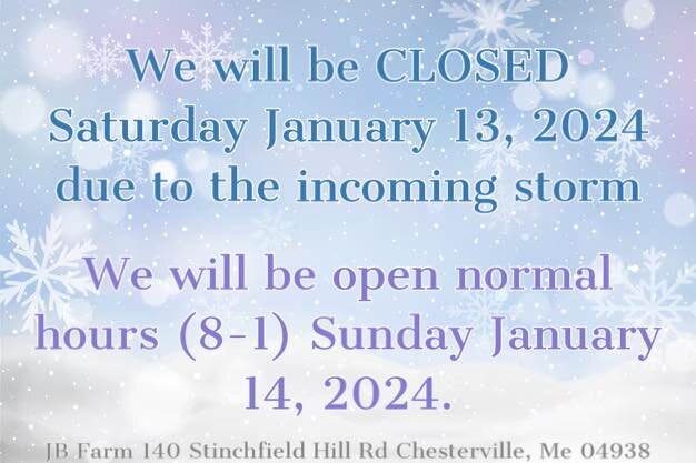 ❄️ We will be closed Saturday 1-13-24 due to the incoming storm!❄️

📣We will be open Sunday 1-14-24, 9-1. Be sure to stop by and grab our January special!📣