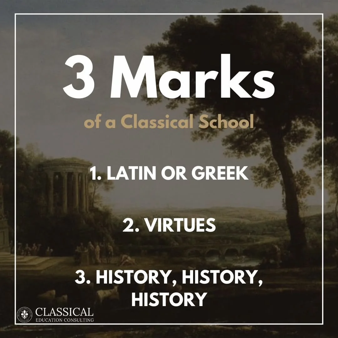 There are many marks of a classical school. These are timeless and telling. 

When you walk into a school and you see history (not "social studies," or some other modern derivative) on the walls, in art, busts, old books, real books like Li