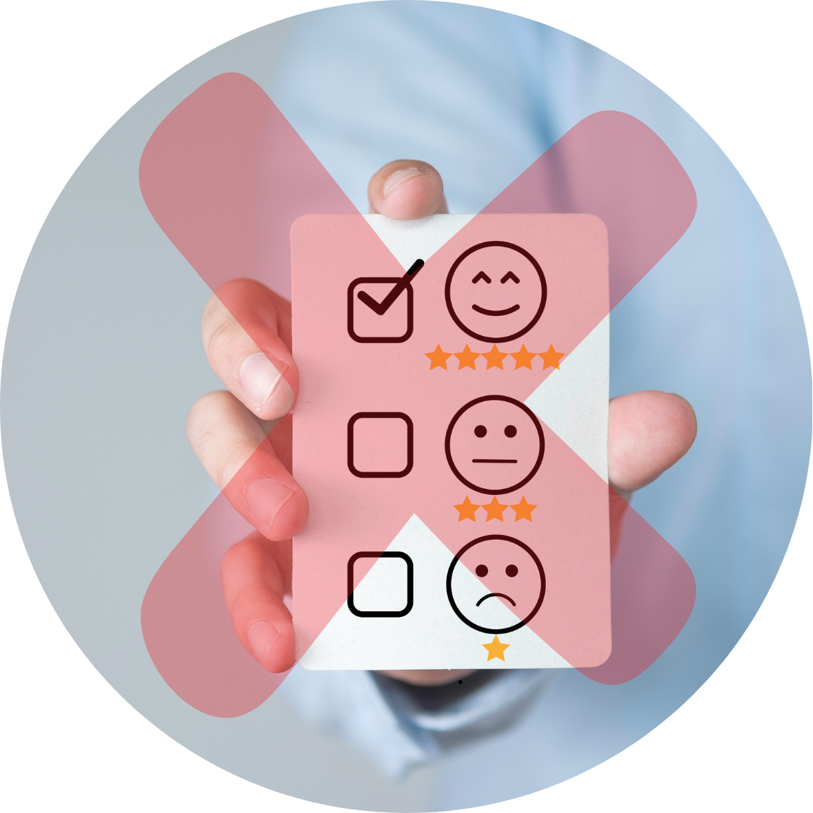 Person holding a pink feedback card with a checked happy face and five orange stars, symbolizing judgement and performative behavior.