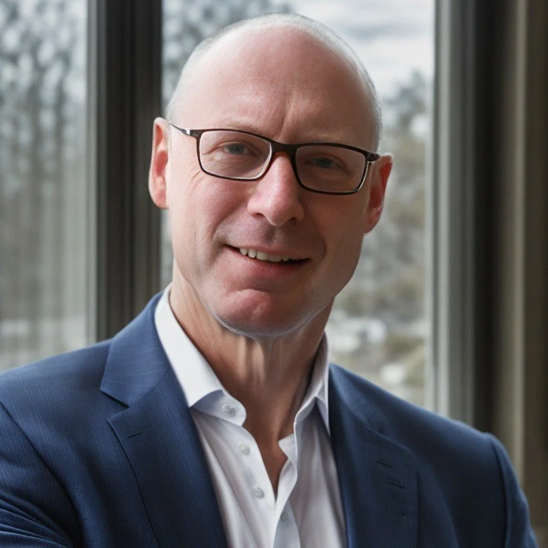A middle-aged man wearing glasses, a white shirt, and a blue blazer, smiling in front of large windows with an outdoor view in the background.