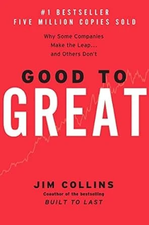 Book cover of "Good to Great" by Jim Collins, featuring a red background with white and black text, and a small graph line in the background.